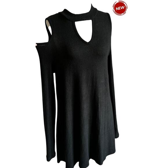 BCX Black Knit Cold Shoulder A-line Mini Dress Women's Size Medium NWT | 24-9 - Picture 1 of 7